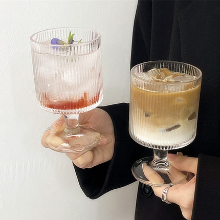 ins高颜值竖条纹高脚杯果汁杯饮料杯咖啡杯冰淇淋杯红酒杯果酒杯