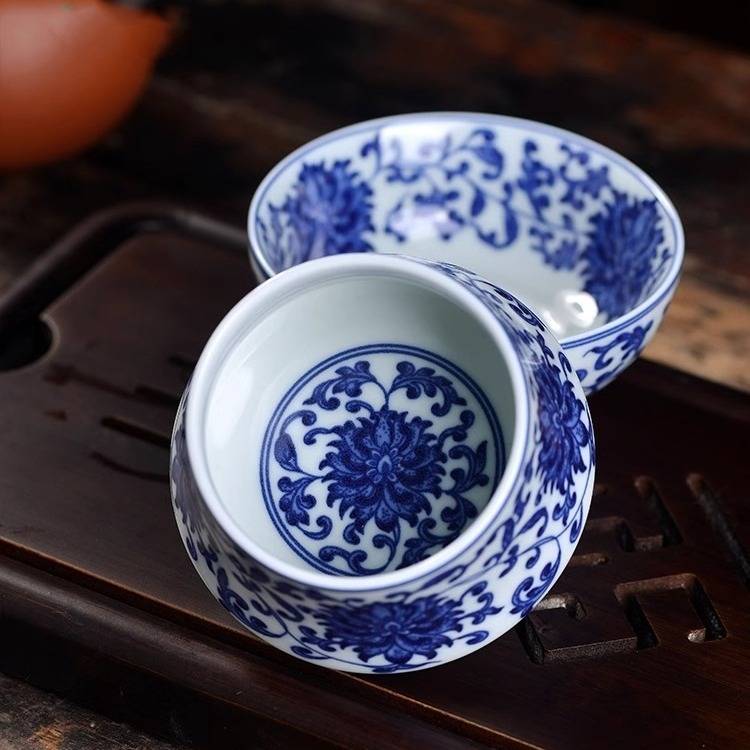 七丞堂景德镇复古青花缠枝莲茶漏陶瓷茶滤家用茶隔全瓷一体过滤网