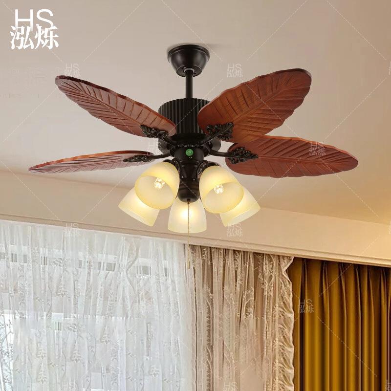 风扇吊灯法式中古实木餐厅吊扇灯美式复古南洋风新款客厅一体吊灯