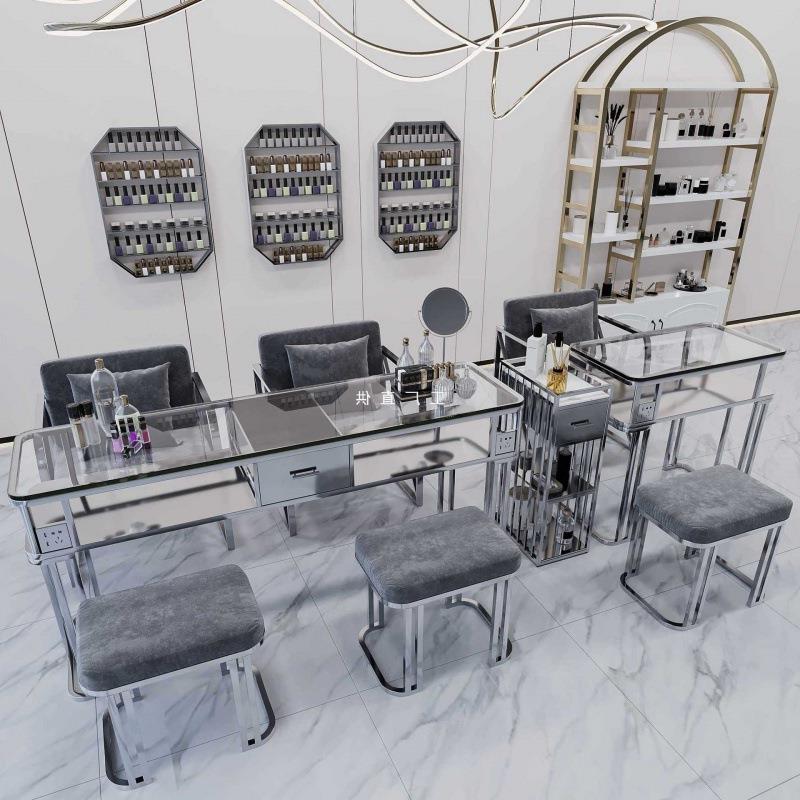 美甲桌子椅子套装玻璃面轻奢单双三人桌全套美甲台时尚网红修甲台