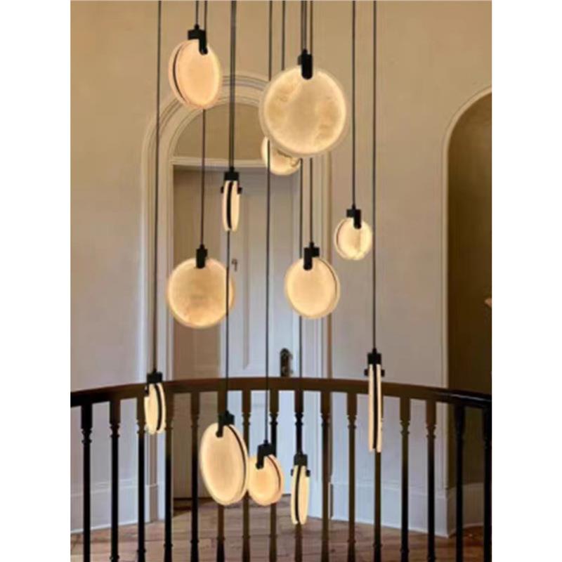 复式楼梯间吊灯旋转长线灯全铜云石圆片简约轻奢别墅挑高大客厅灯