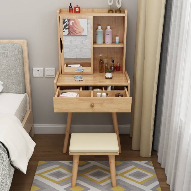实木梳妆台卧室化妆镜收纳柜一体现代简约60cm迷你经济型化妆桌