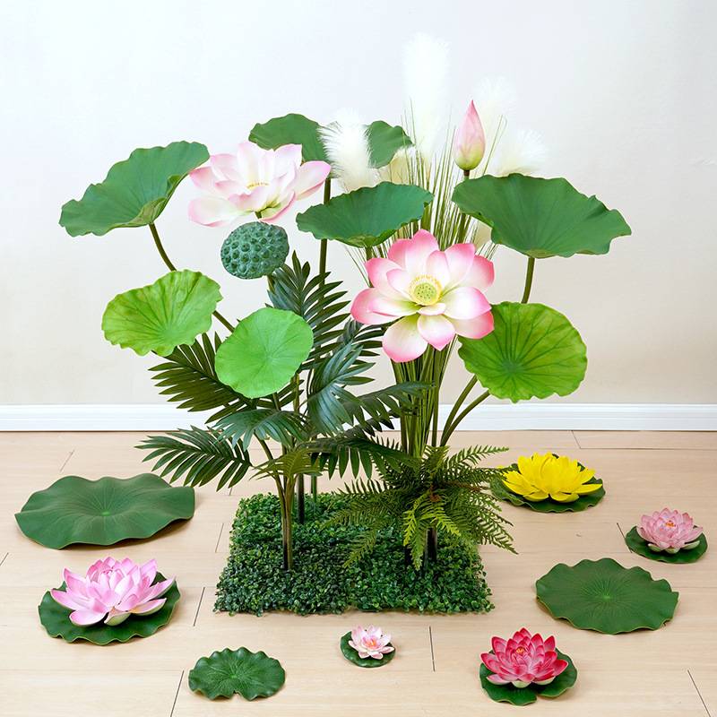 荷花仿真花手感假荷叶中式水池装饰造景芦苇绿植景观舞蹈摆设道具