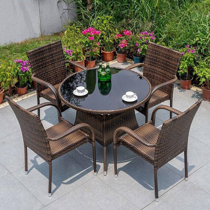 户外桌椅庭院露天阳台室外花园露台铁艺藤编休闲区桌椅五件套组合