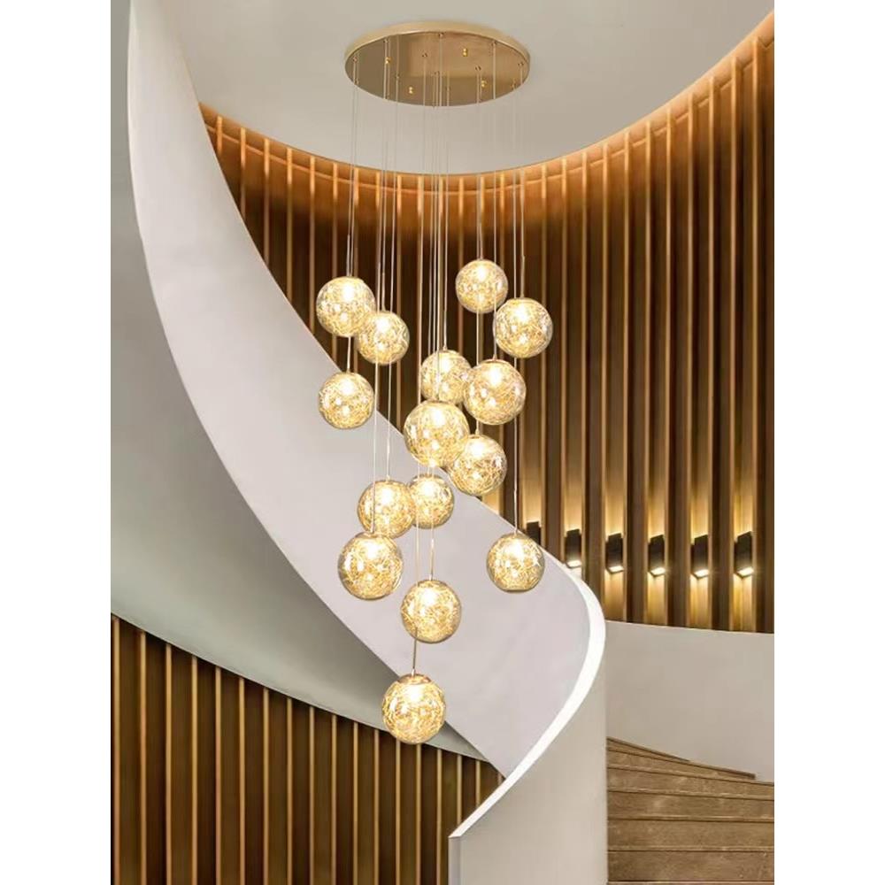 复式楼现代简约别墅客厅球形楼梯吊灯跃层挑空玻璃loft楼梯长吊灯