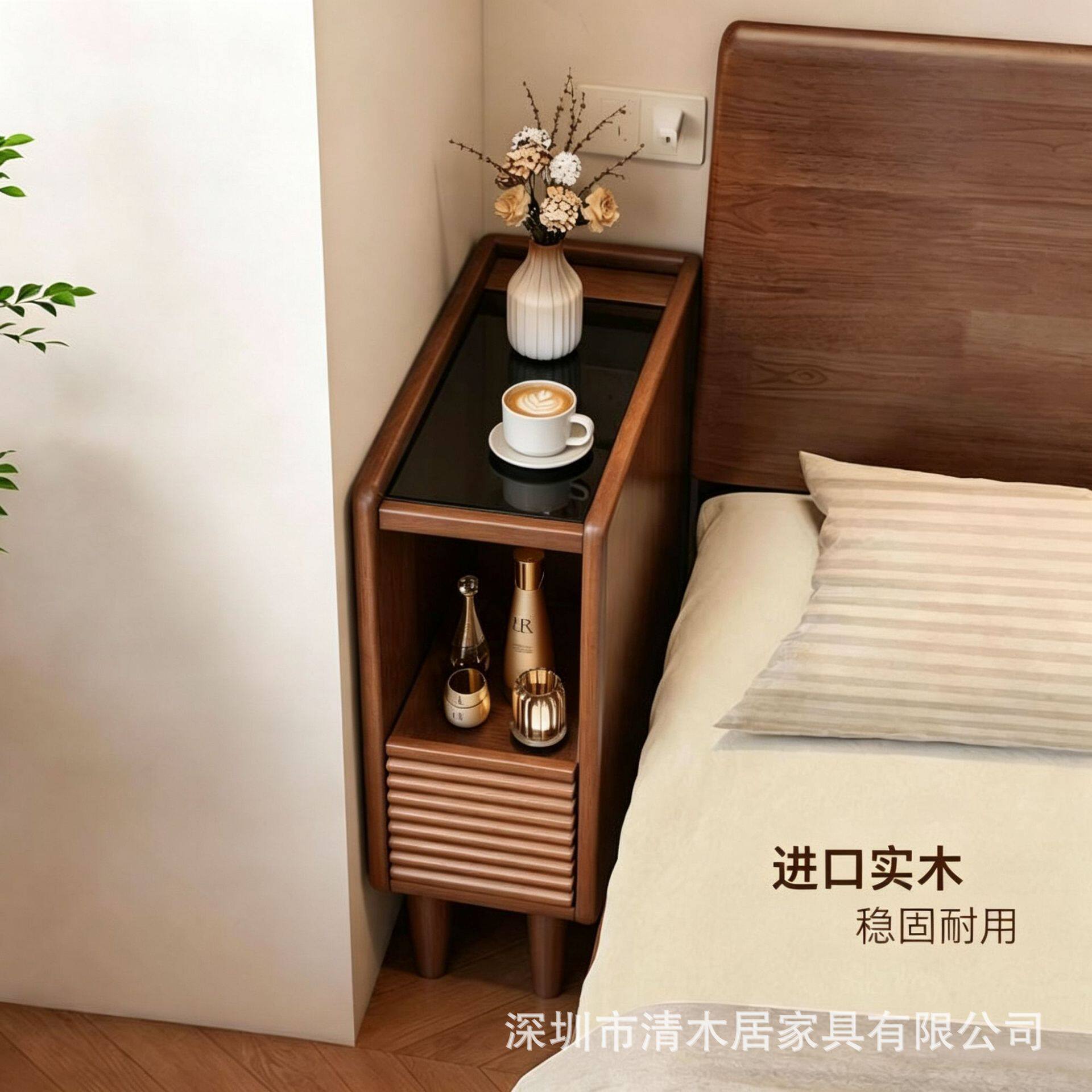 圆角防撞百叶实木床头柜钢化玻璃台面防水耐刮小户型缝隙收纳柜