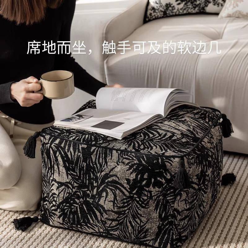 麓r法式黑白复古风坐墩中式散尾葵提花矮凳蒲团懒人沙发客厅房间