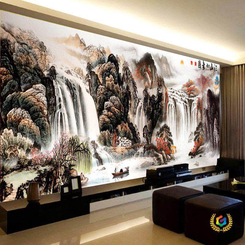 ?纯手工十字绣成品江山如画图流水生财聚宝盆风景带框大画水墨