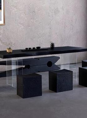 RJN原木大板餐桌子亚克力作台设计师浮创意黑色实木悬茶桌民工炭