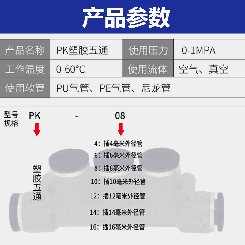 气动马牌白色多分路五通气管快插接头PK4 6 8 10 12变径KPG接头