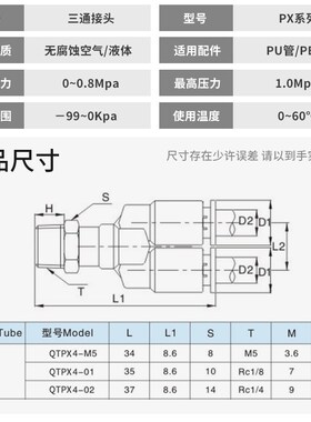 Y形全铜外丝三通快速接头QTPX4 PX6 8 10 12 16-M5 01 02 03 04