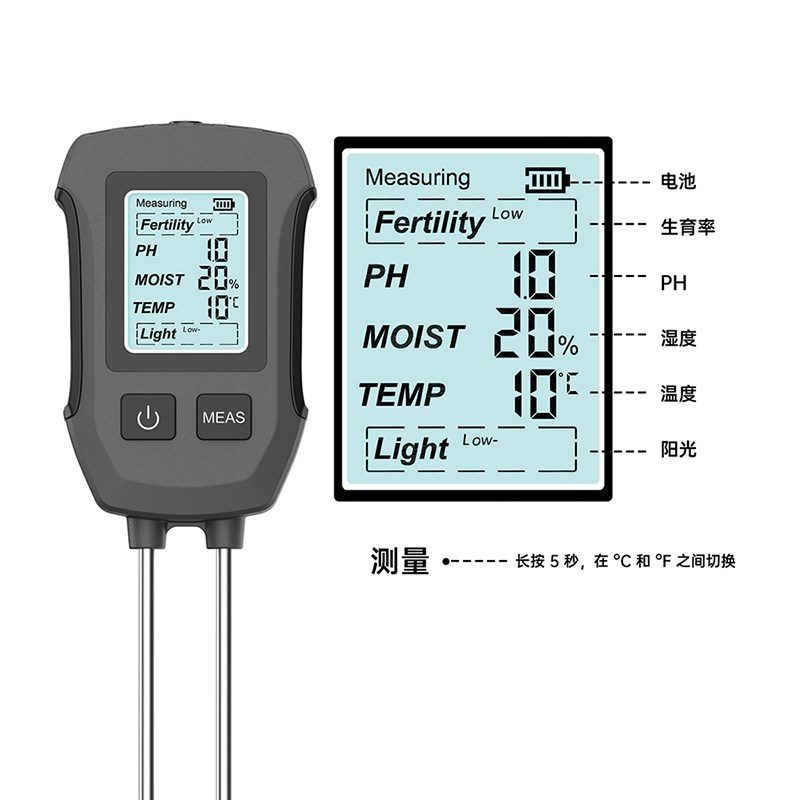 LCD屏5合一土壤检测仪 双针高精度水分计PH/湿度/温度/光照测试仪