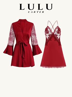 维多利亚红色性感吊带睡裙睡袍本命年送礼轻奢蕾丝带胸垫真丝睡衣