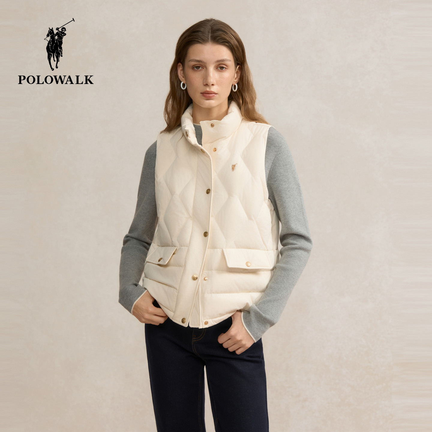 POLOWALK女装2025冬季新款女士羽绒马甲背心保暖外套立领拉链上衣