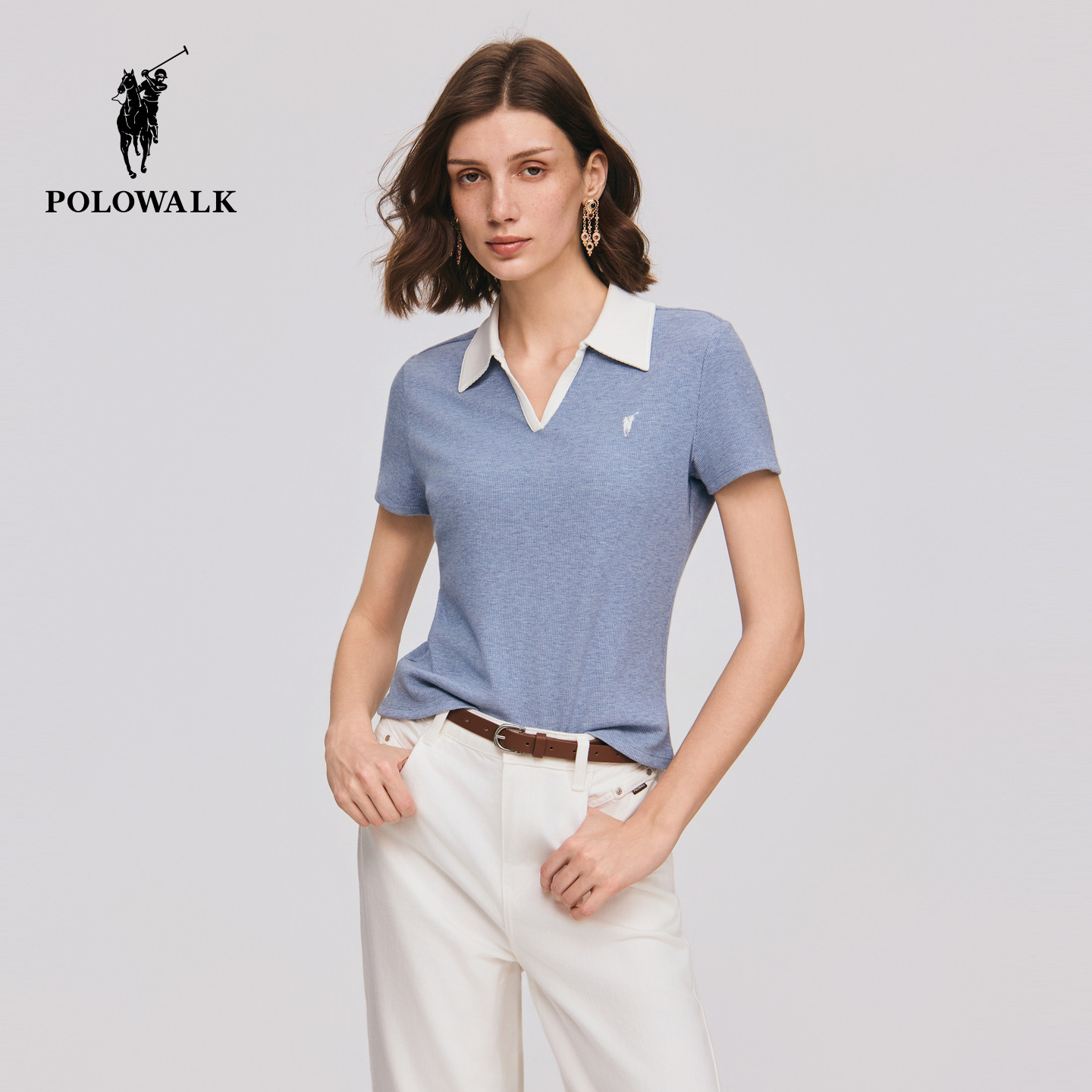 POLOWALK女装短袖POLO衫2026夏款新款撞色剪刀领T恤通勤女士上衣