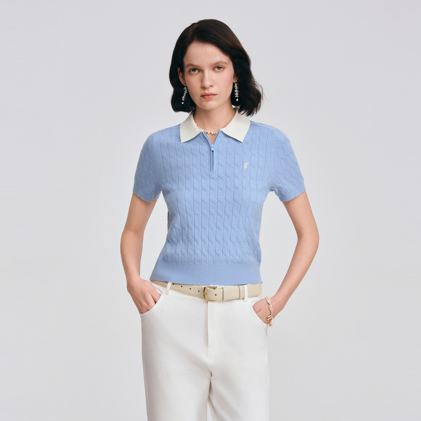 POLOWALK女士短袖针织衫2026春夏新款撞色翻领半拉链绞花针织衫