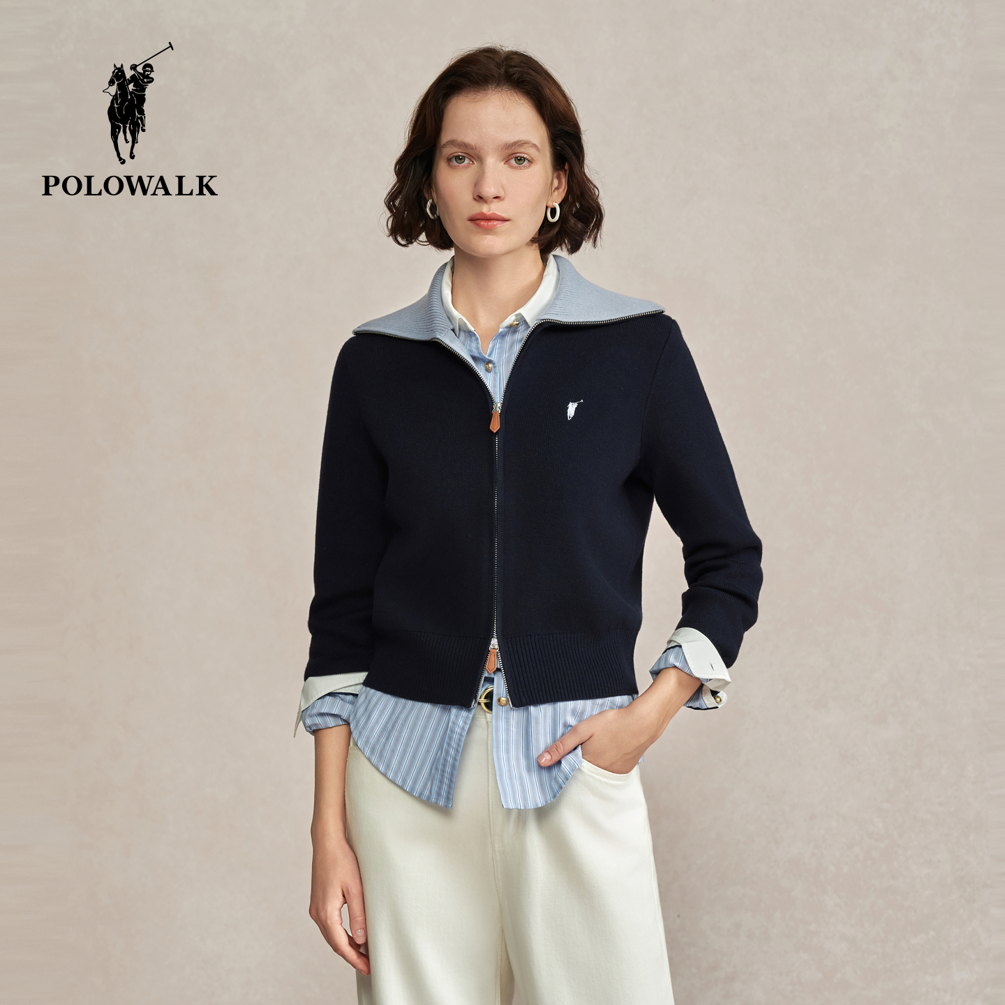 POLOWALK女士长袖针织衫翻领