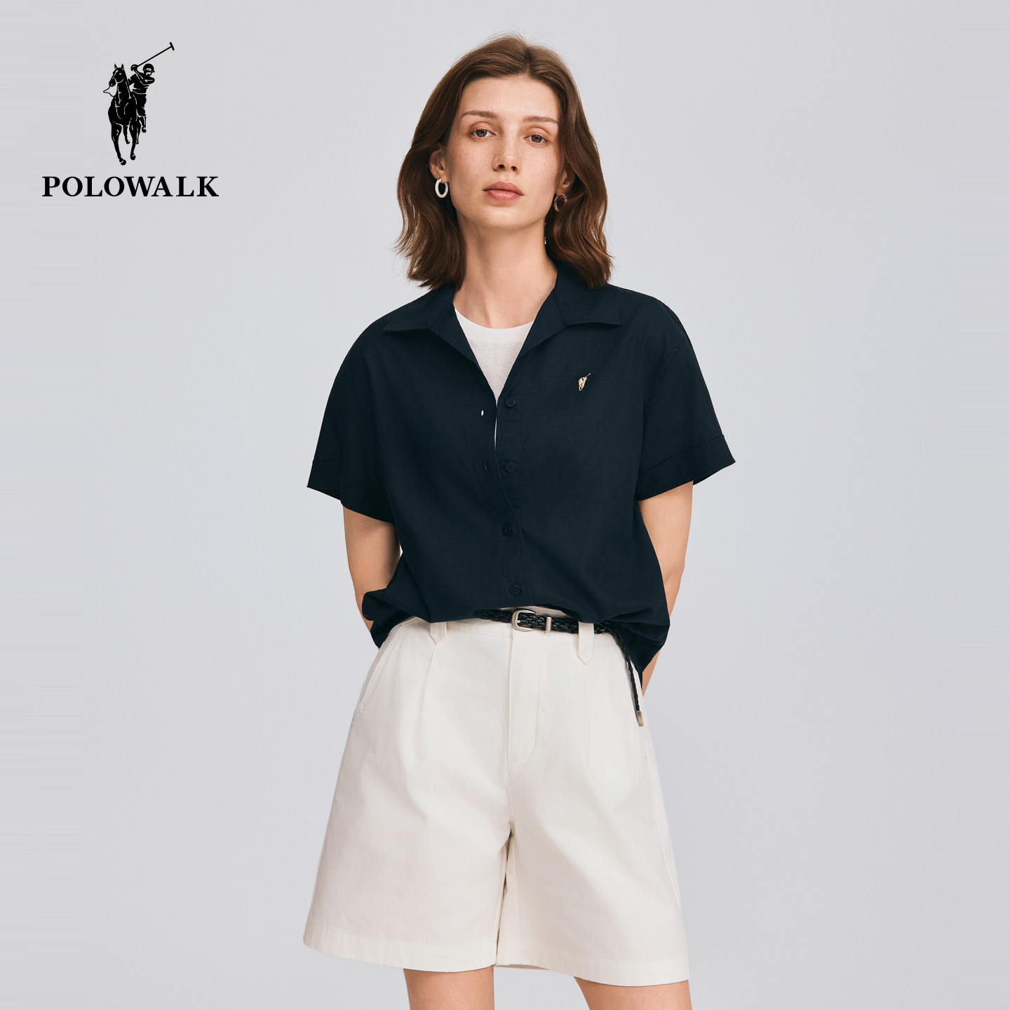 POLOWALK女士短袖衬衫2026夏季新款纯色经典翻领T恤棉麻舒适上衣