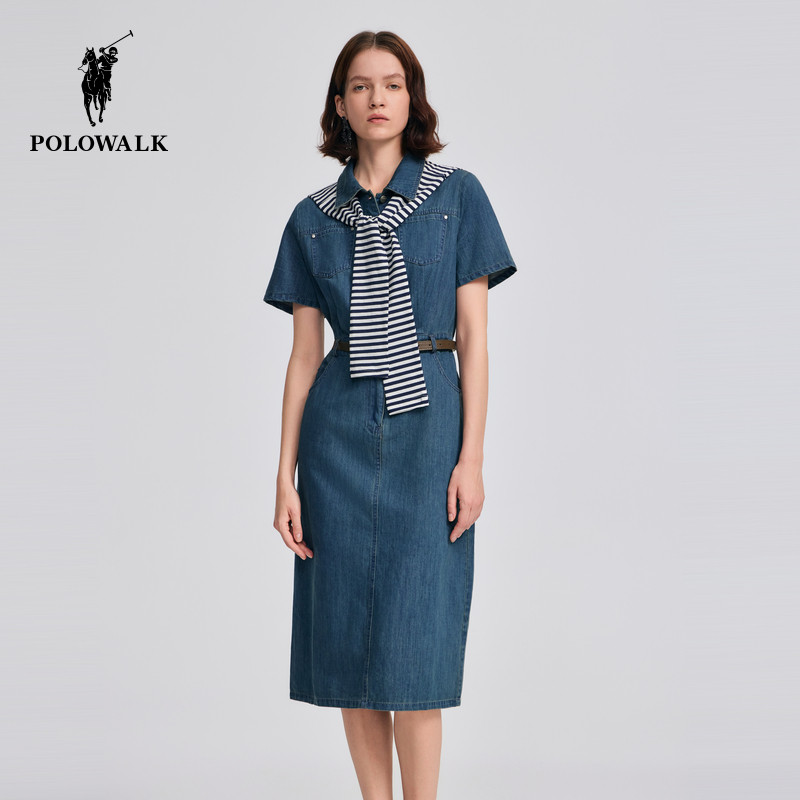 POLOWALK女装2026夏季新款女士短袖连衣裙披肩款短袖牛仔连衣裙