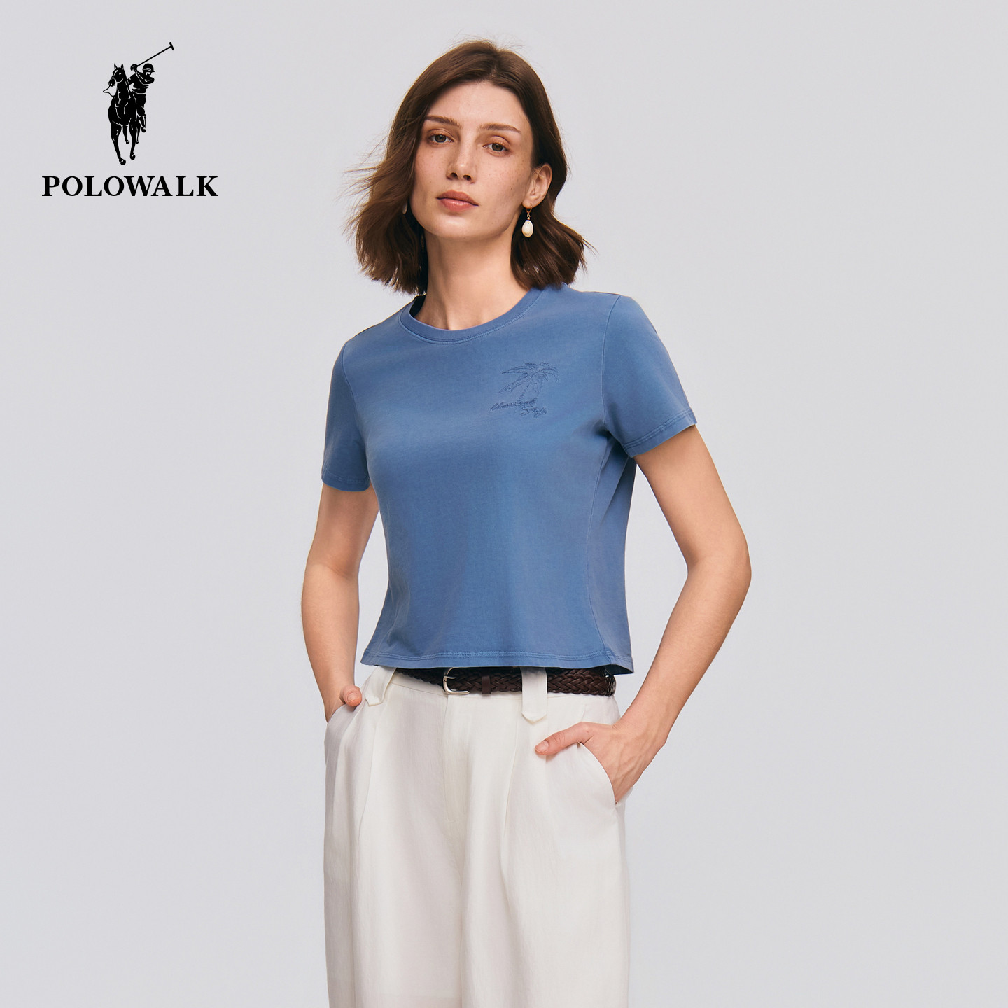 【100%棉】POLOWALK女装2026夏季新款女士短袖圆领T恤短款上衣