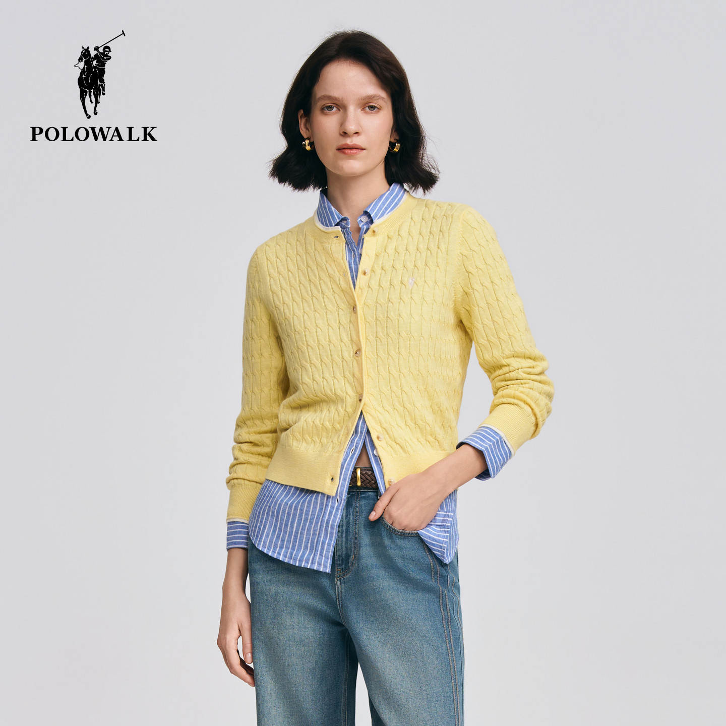 POLOWALK女士长袖针织衫2026春季新款圆领绞花修身针织开