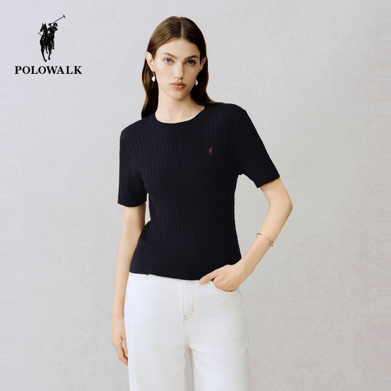 POLOWALK短袖针织衫女士2026春夏新款圆领经典绞花上衣T恤