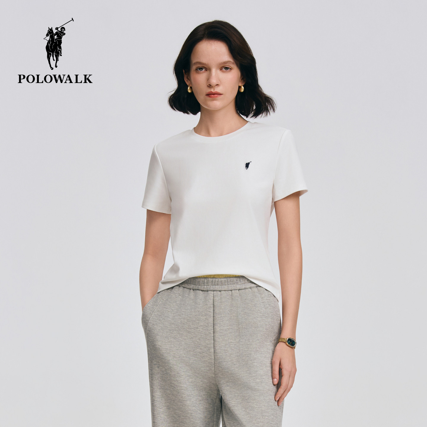 POLOWALK女士短袖2026春夏新款简约纯色圆领短袖休闲通勤