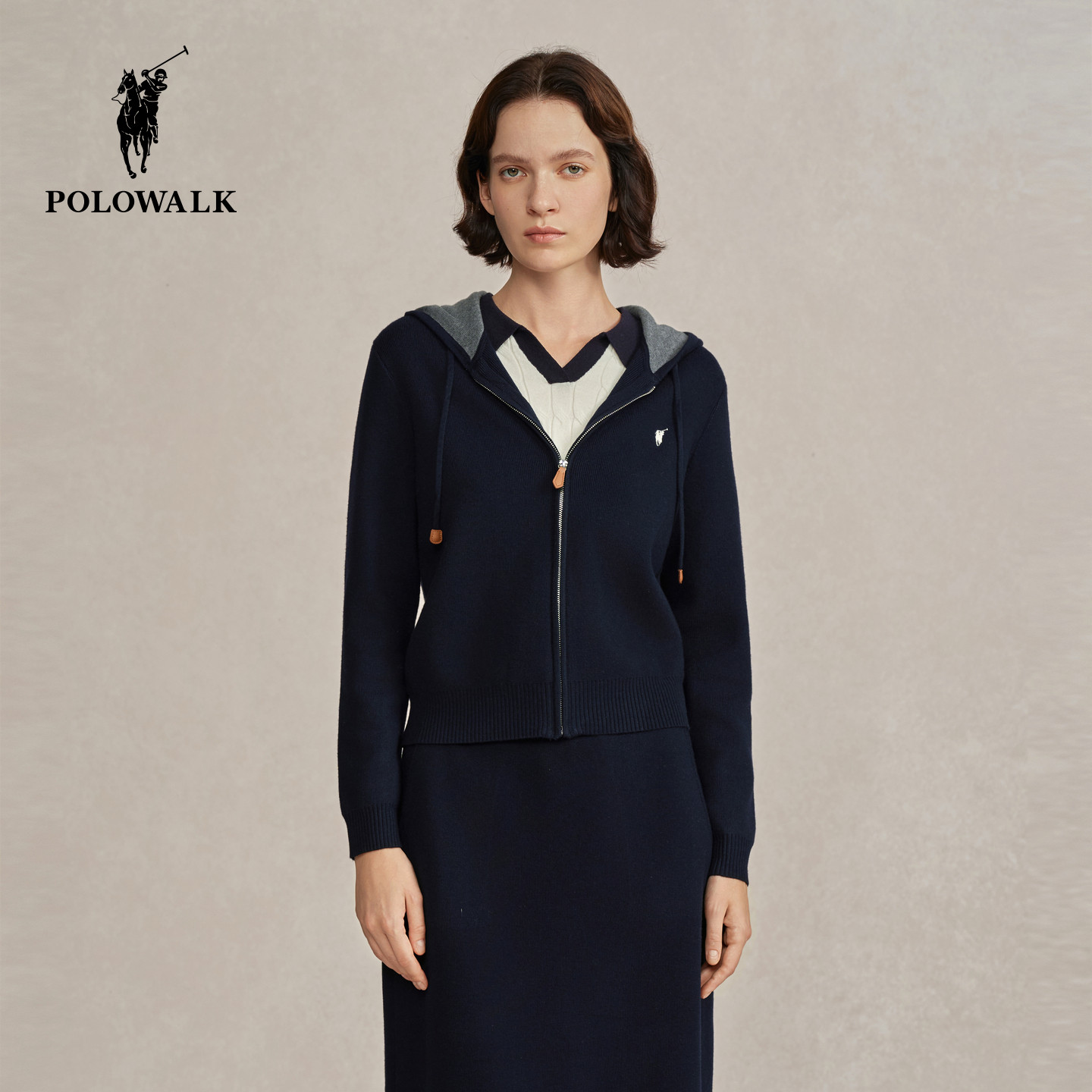 POLOWALK女装针织外套2025秋冬新款连帽休闲针织开衫显瘦通勤毛衣