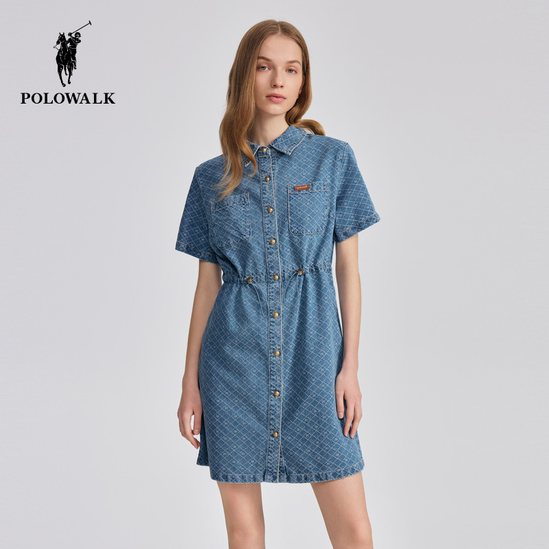 POLOWALK女士短袖连衣裙2026夏季新款中长款裙子复古潮流