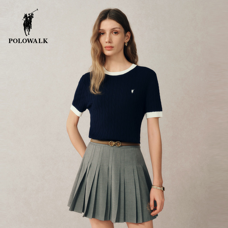 POLOWALK女士短袖针织衫2026夏季时尚撞色套头圆领百搭毛衣T恤潮