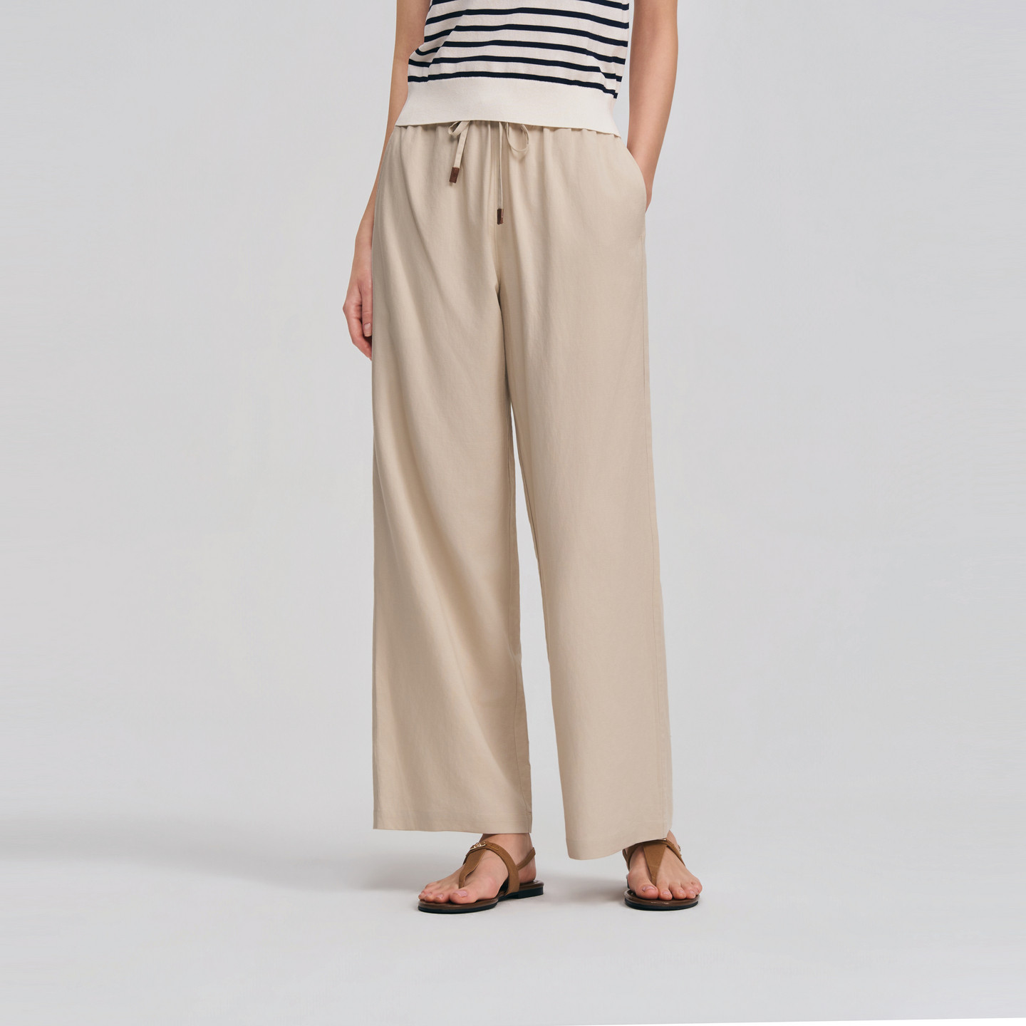 POLOWALK女士休闲裤2026春夏新款棉麻混纺松紧腰宽松直筒