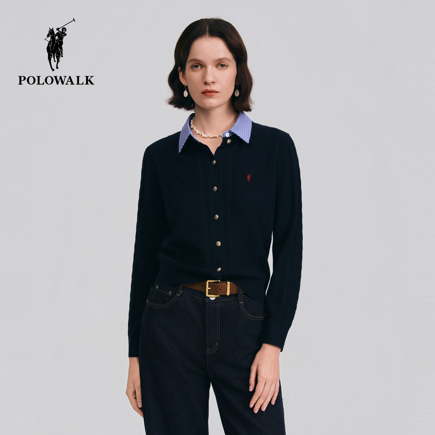 POLOWALK女装针织衫2026春季新款女士长袖针织衫假两件翻
