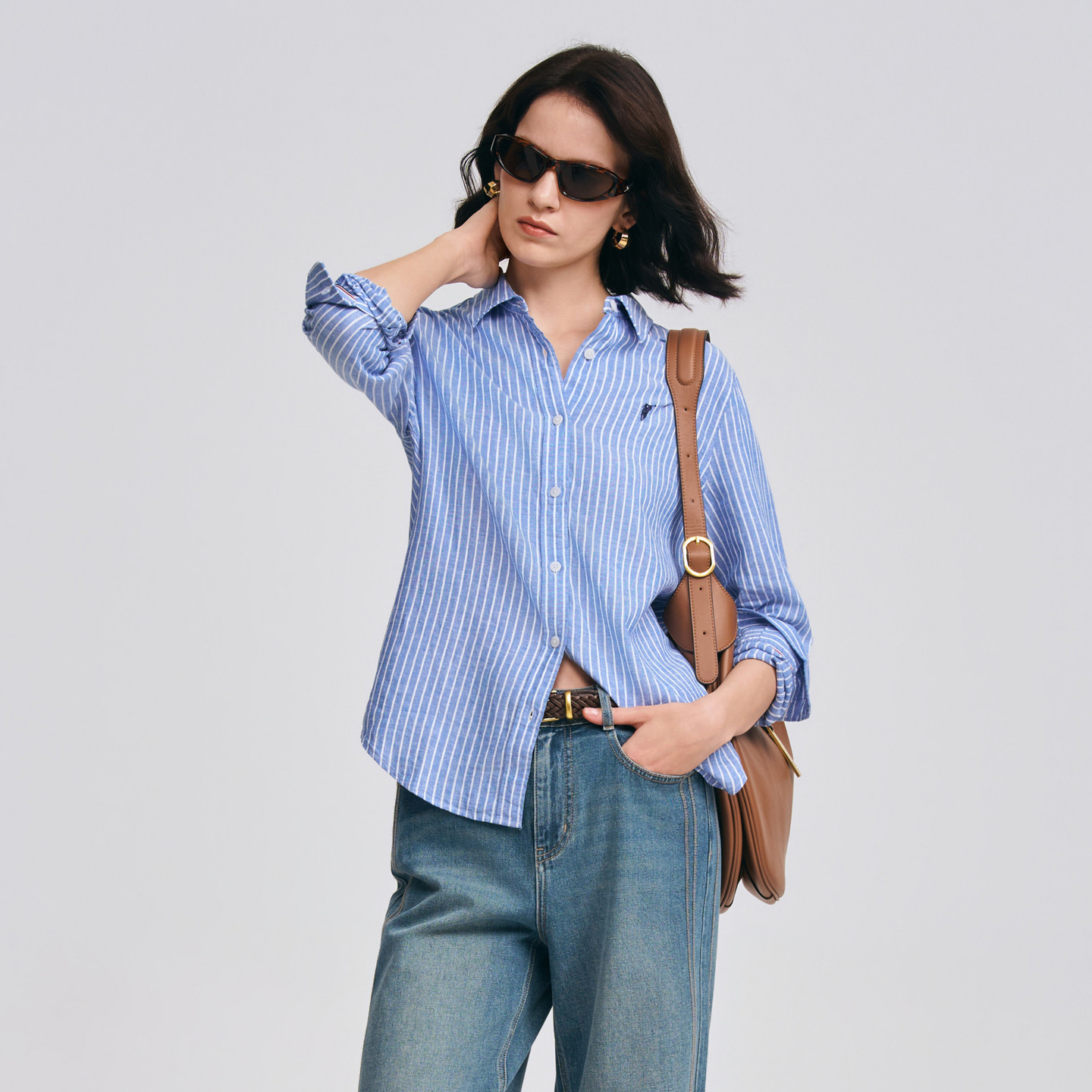 POLOWALK女士衬衫2026春季新款亚麻混纺条纹翻领休闲通勤