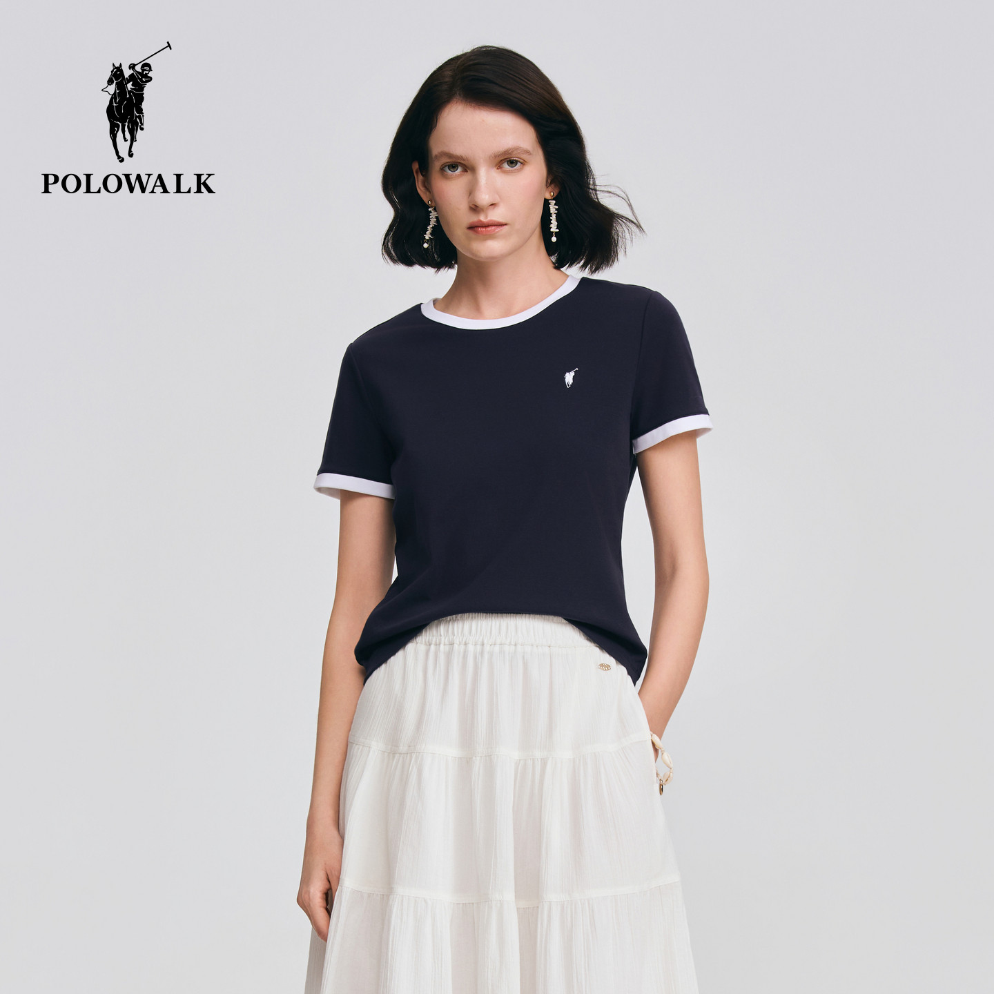POLOWALK女士短袖2026夏季新款女装时尚撞色圆领休闲短袖