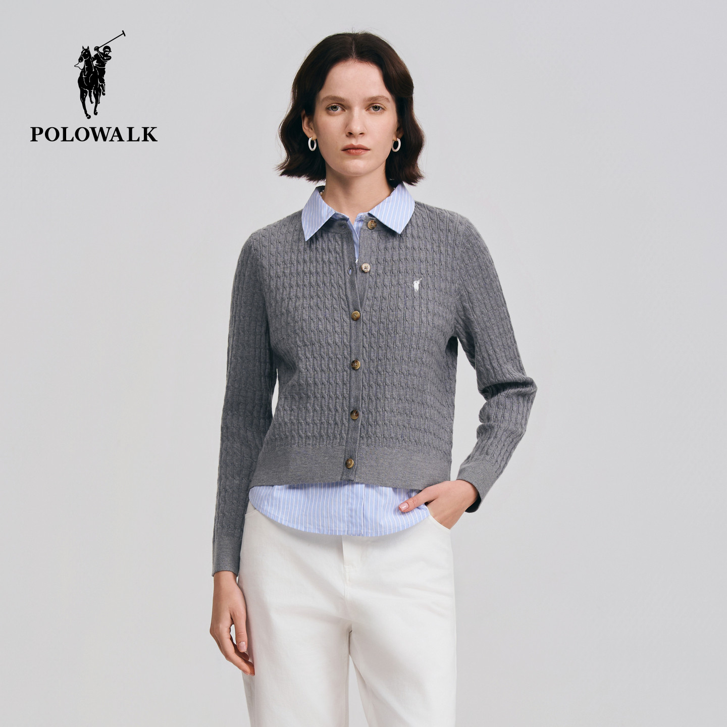 POLOWALK女装针织衫2026春季新款女士长袖针织开衫假两件上衣毛衣