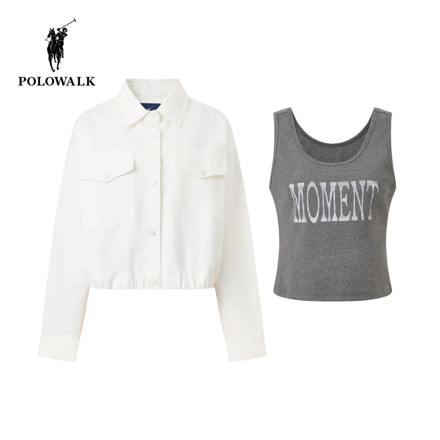 POLOWALK女装2026春夏新款短款长袖衬衫背心两件套女士休闲上衣