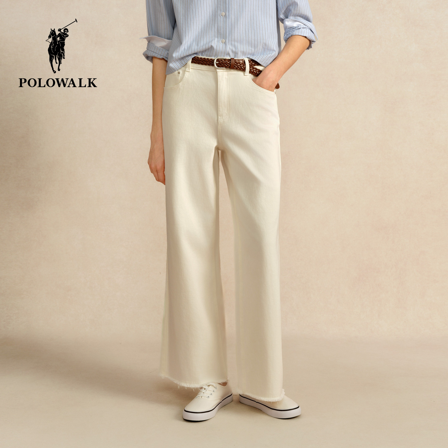 POLOWALK女士白色直筒阔腿裤