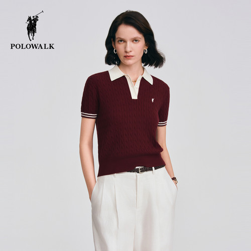 POLOWALK翻领学院风绞花针织衫