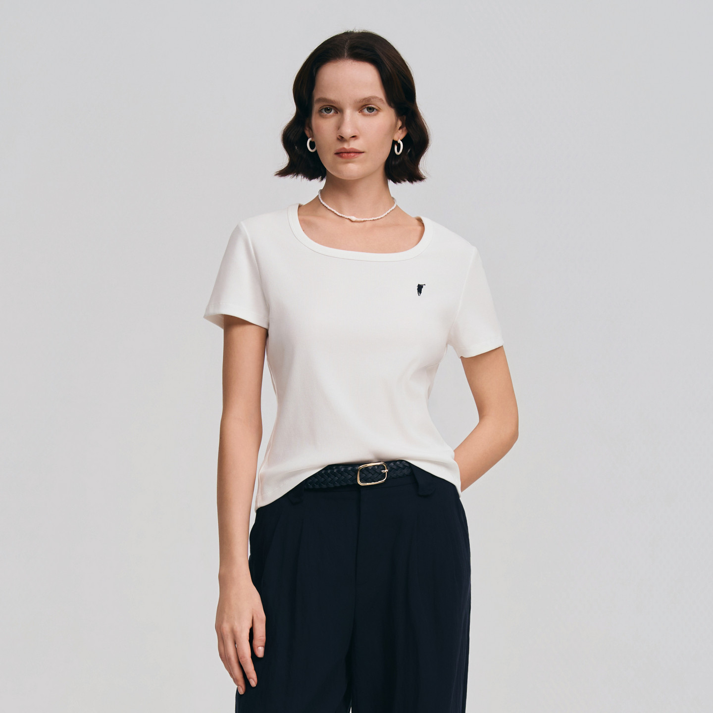 POLOWALK女士短袖2026春夏新款女装简约方领显瘦修身T恤通勤短袖