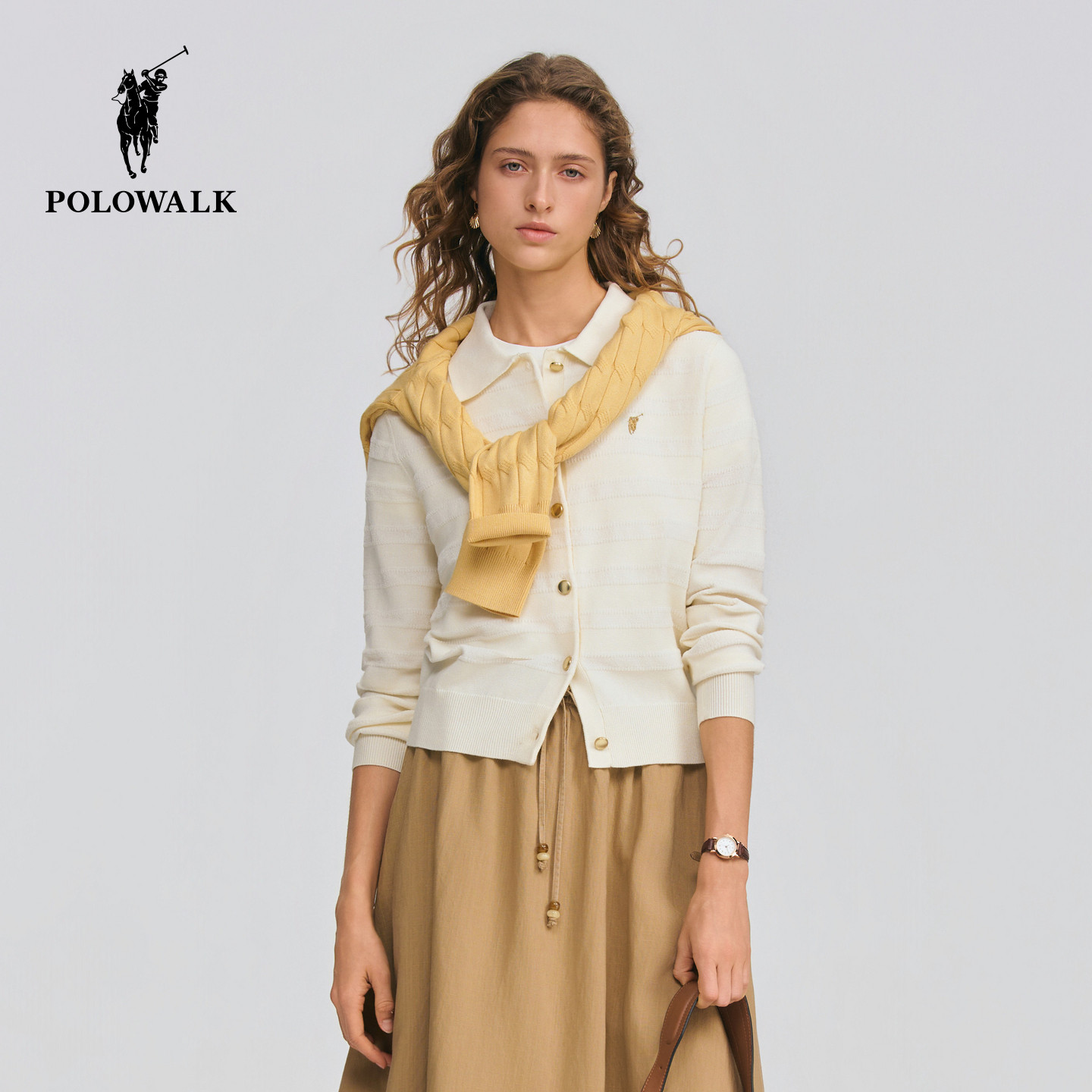 【含羊毛】POLOWALK女士长袖针织衫2026春季新款翻领长袖