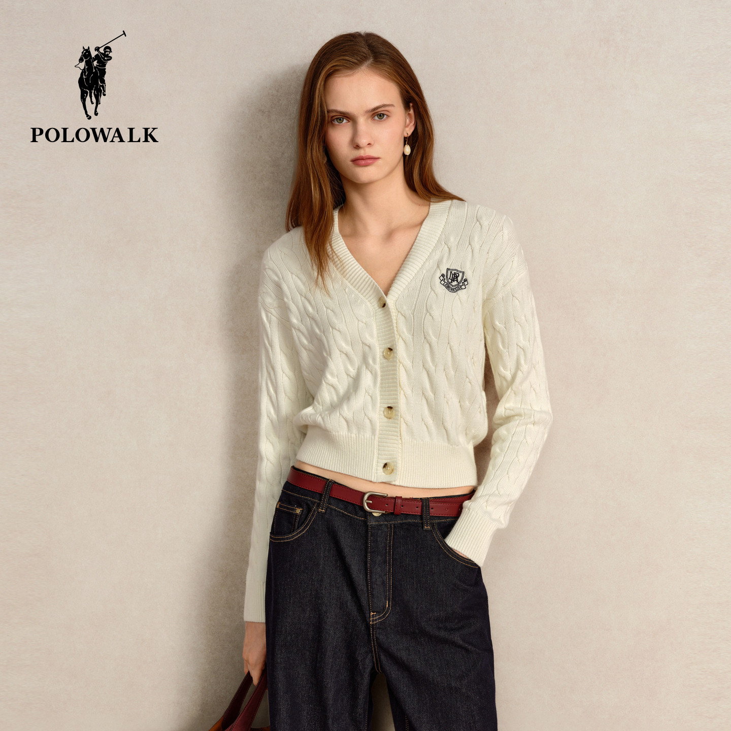 POLOWALK女士学院风绞花开衫