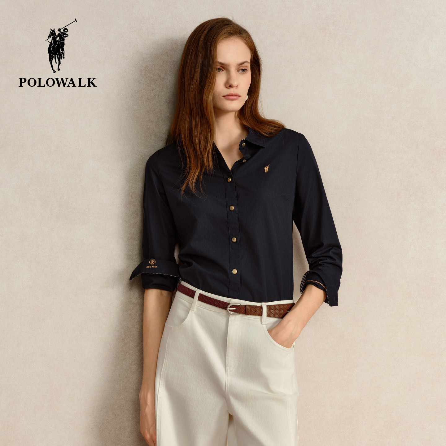 POLOWALK女装100%棉正肩长袖衬衫