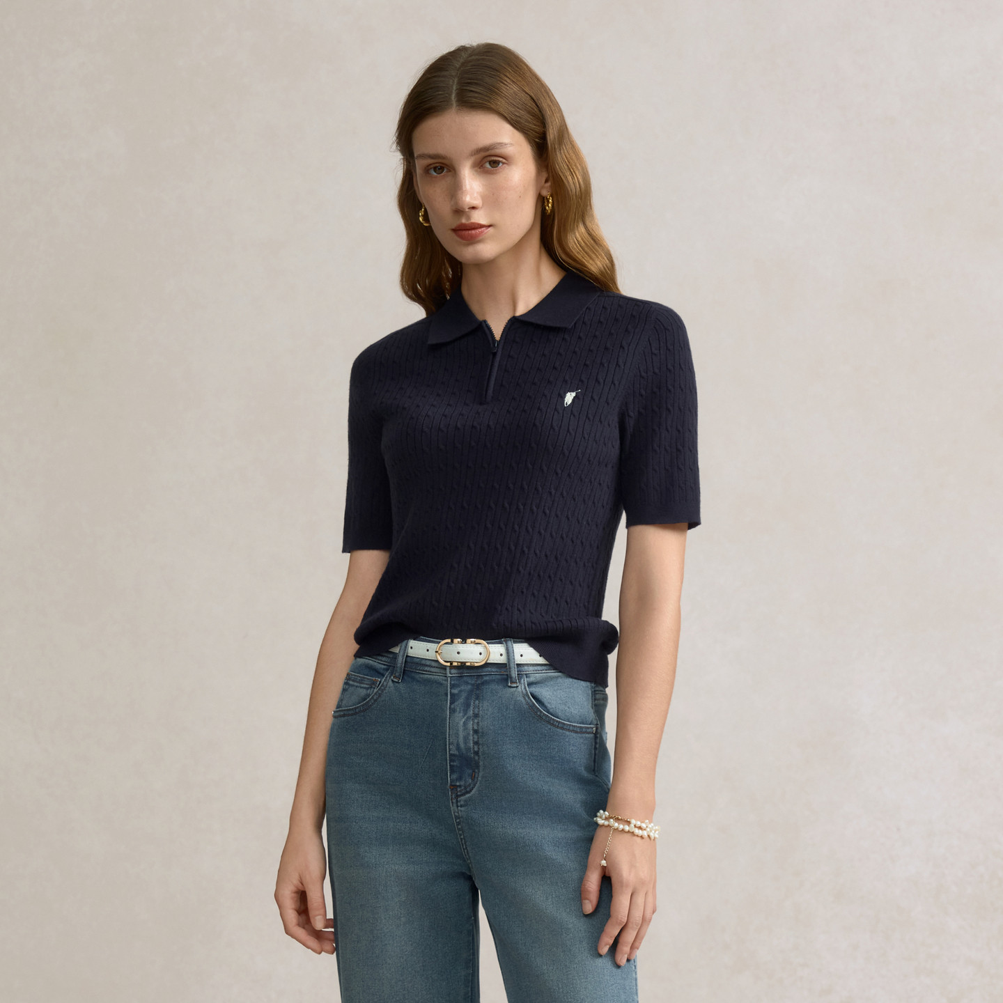 POLOWALK女士短袖针织衫2026夏季新款绞花翻领韩版显瘦T