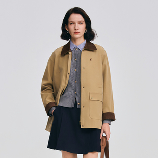 POLOWALK女士外套2026春季新款撞色灯芯绒翻领复古多口袋休闲外套