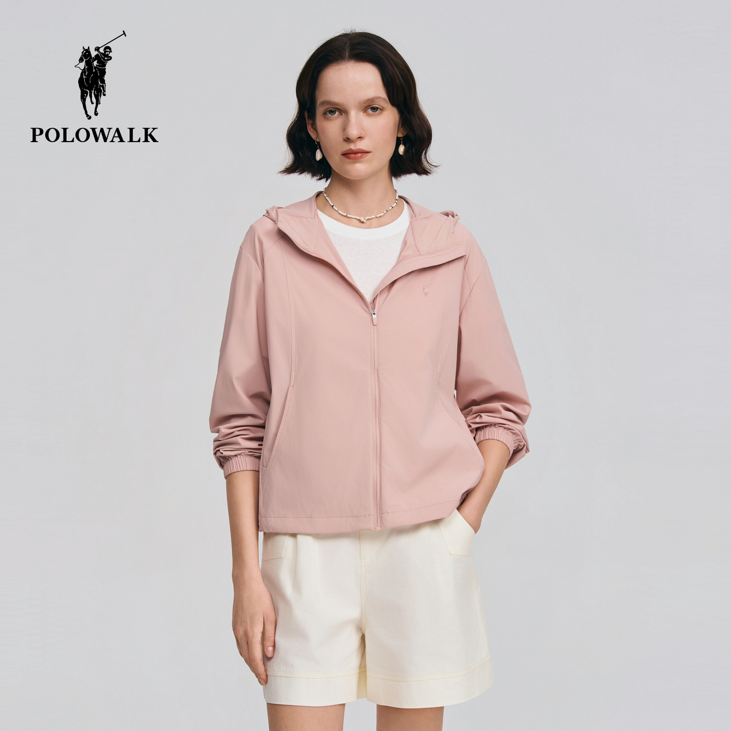 POLOWALK女士短外套2026夏季新款简约纯色休闲运动连帽防晒服外套