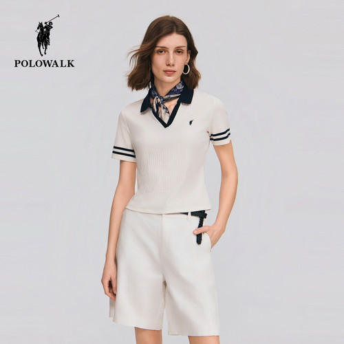 POLOWALK女士撞色剪刀领T恤