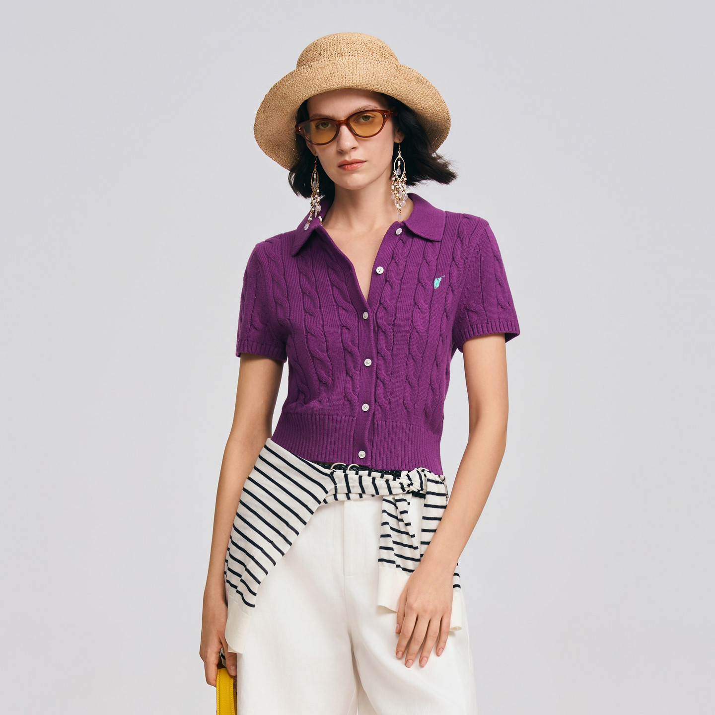 POLOWALK女士短袖针织衫2026春夏新款翻领绞花显瘦针织开衫T恤