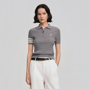 翻领绞花半拉链套头针织T恤 2026春夏新款 POLOWALK女士短袖 针织衫