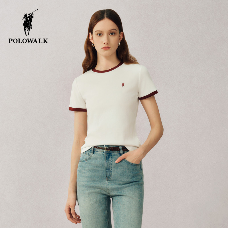 POLOWALK短袖圆领T恤女士2026春夏新款撞色打底休闲时尚