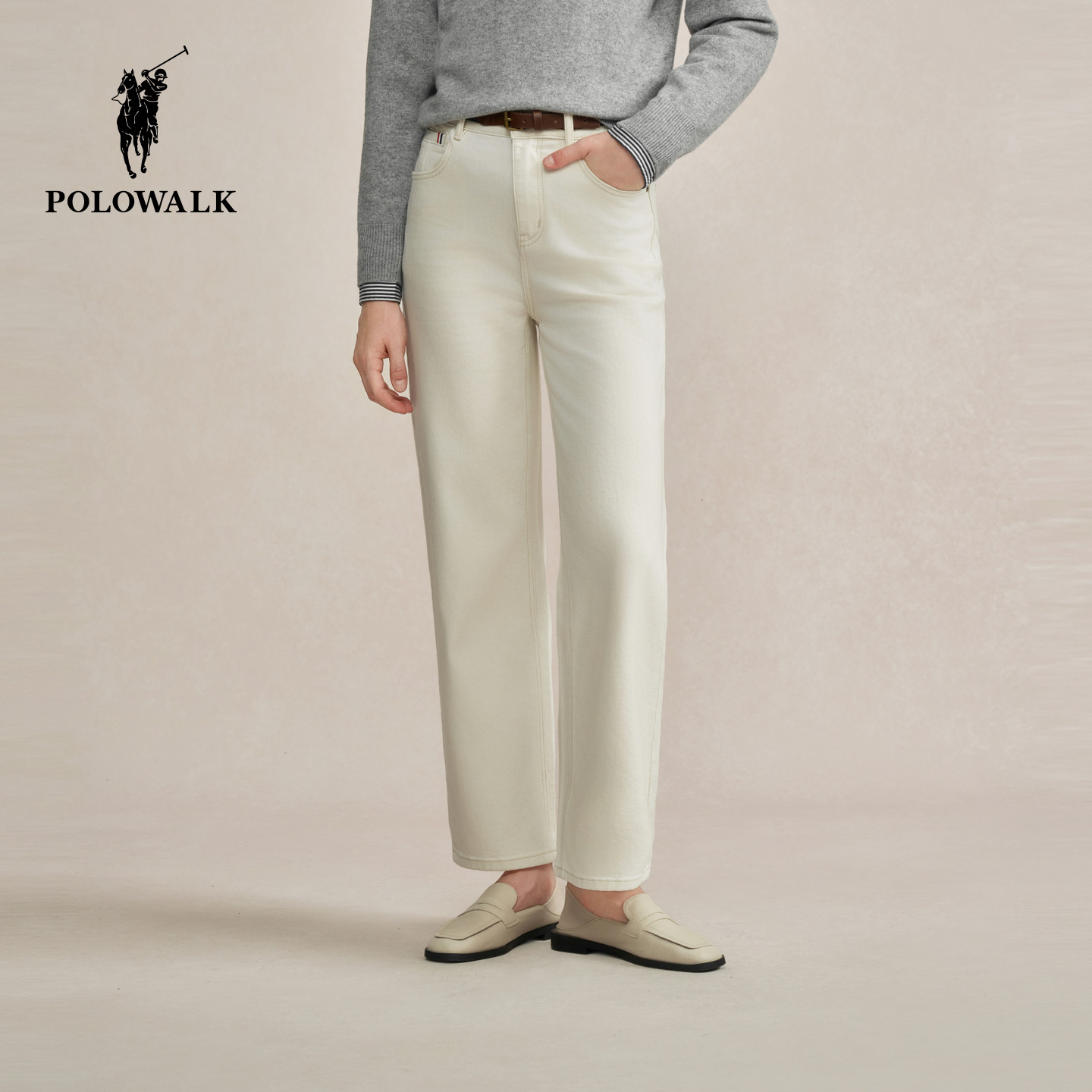 POLOWALK女装2026春季裤新款女士牛仔裤白色裤子直筒裤休闲长裤女